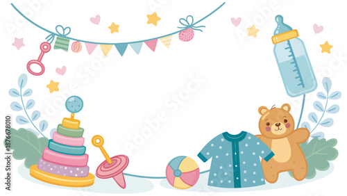 Adorable baby shower elements with teddy bear and toys