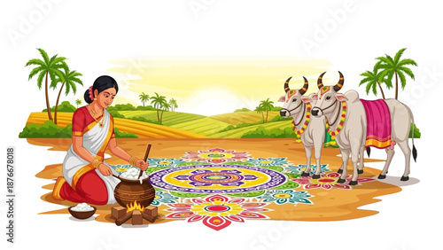 South Indian woman celebrating Pongal harvest festival with traditional food and decorated oxen in a village setting with colorful rangoli.