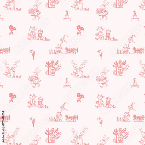 Pattern con graziosi conigli e gatti rosa, illustrazione su sfondo rosa chiaro