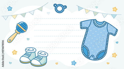 Cute baby boy announcement card with onesie and toys