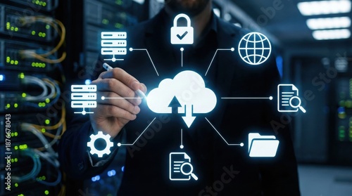 Cloud computing interface with data security,servers,network connection and digital storage icons,depicting IT infrastructure and modern technology solutions