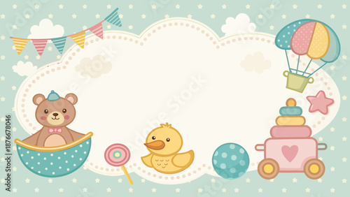Adorable baby shower invitation with teddy bear, duck, and toys