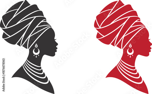 African Woman Portrait Silhouette with Headwrap and Jewelry Black and Red Vector Illustration