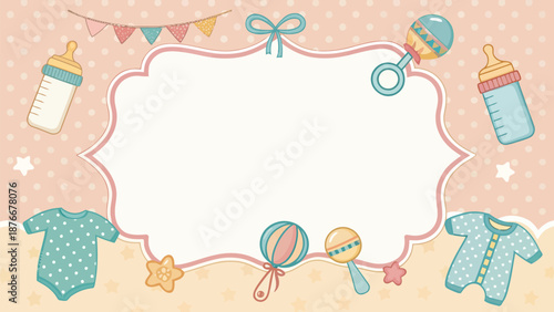 Cute baby shower invitation with adorable baby clothes and toys