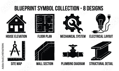 Blueprint Symbol Collection 8 Designs, house elevation, floor plan, site map, plumbing diagram