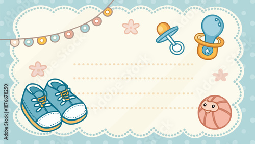 Adorable baby shower invitation with blue shoes and pacifier