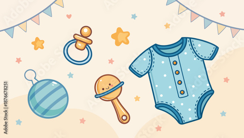 Adorable baby boy nursery decor with onesie, pacifier, and toys