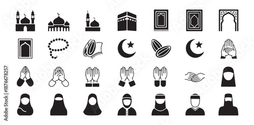 Islamic icon set with mosque kaaba crescent moon prayer beads hands and people in traditional hijab