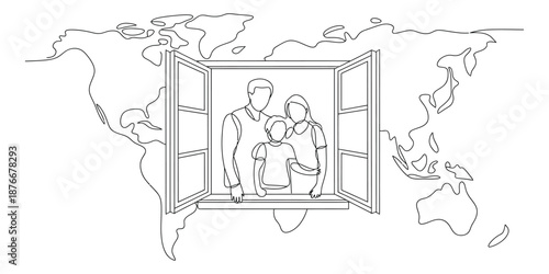 Family looking out from a window over a world map outline symbolizing global connection