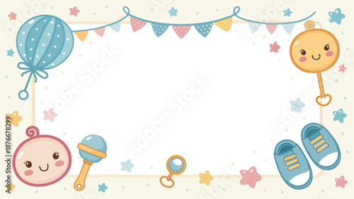 Baby shower invitation with cute cartoon toys and decorations