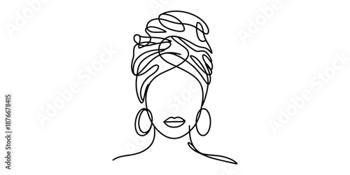 Continuous line art portrait of a woman with a stylish headwrap and hoop earrings