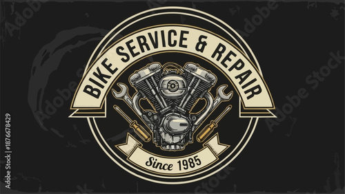 Motorcycle Engine Bike Service and Repair Emblem.