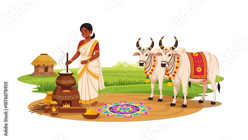 South Indian woman in traditional attire celebrates Pongal harvest festival with decorated oxen, traditional food, and rangoli in a rural village setting.