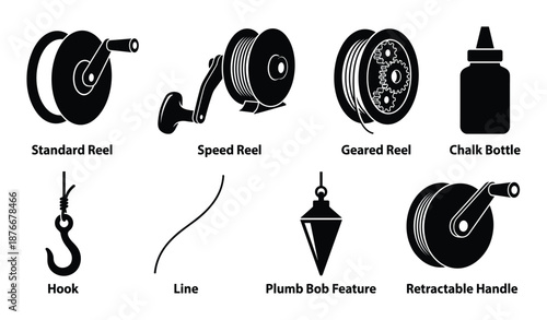 Chalk line reel features vector illustration: standard, speed, geared reels, chalk bottle, hook, line, plumb bob, retractable handle.