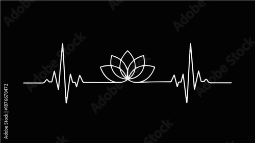 Lotus Flower Heartbeat EKG Pulse Line - Minimalist Yoga Meditation and Wellness Graphic Illustration