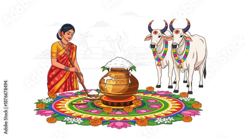 A South Indian woman in traditional attire celebrates Pongal with decorated oxen, traditional food, and vibrant rangoli in a rural village setting.