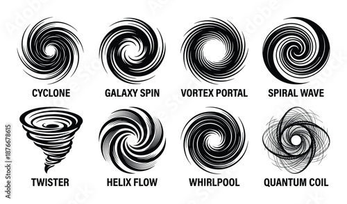 Black and White Vortex Spirals Vector Designs: Cyclone, Galaxy, Twister, and Quantum Coil Graphics