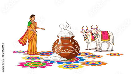 A South Indian woman in traditional attire celebrates Pongal with decorated oxen, traditional food, and colorful rangoli in a village setting.