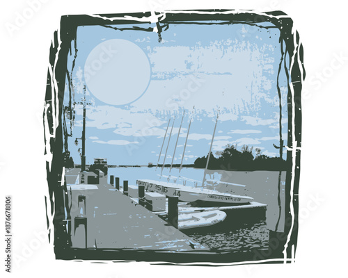 A stylized illustration of a serene waterfront dock with a large sun in the sky and a tree-lined walkway.