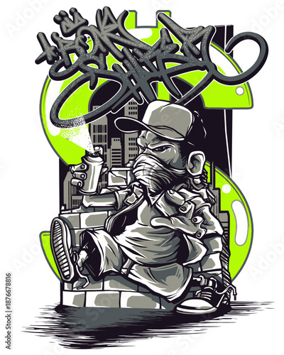 Graffiti artist in cityscape, spray painting with bold green color, urban style illustration