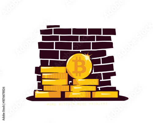 Bitcoin coins stacked beside brick wall with cryptocurrency symbol and text