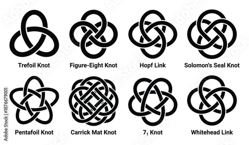 Collection of eight different knot diagrams. Includes trefoil, figure-eight, hopf link, solomon's seal, pentafoil, carrick