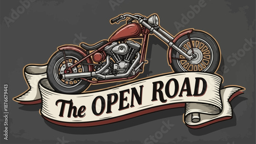 Classic Chopper Motorcycle With Open Road Banner.