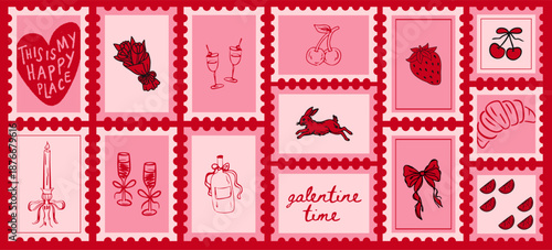 Hand Drawn Valentine Doodle Stamp Set with Romantic Love Icons, Food, Wine and Celebration - Vector Illustration Set