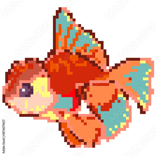 Cute pixel art fish illustration in retro 8-bit style, colorful digital character with decorative pattern details, playful aquatic animal icon for game assets, stickers, apps and creative design