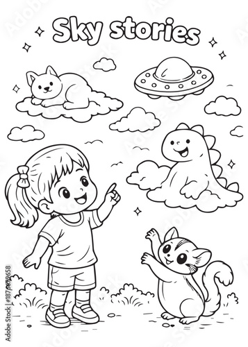 coloring book girl pointing to the sky sharing imaginative cloud stories with a sugar glider