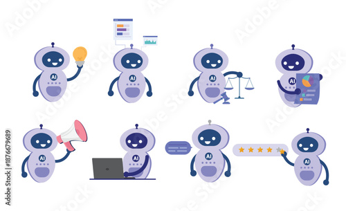 Ai chatbot doing different activities.Cute internet bot concepts