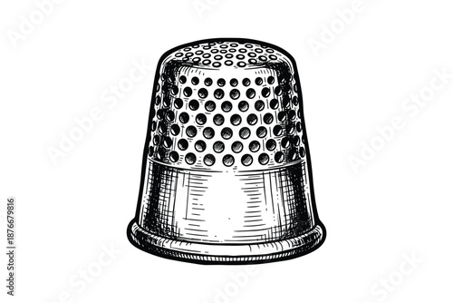 Engraved drawing of metal thimble with textured surface and small dimples, a sewing tool