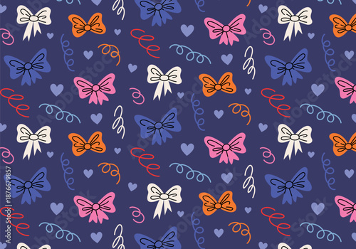 Cute seamless pattern. Party print with colorful bows, gifts, confetti, lilac hearts, wavy lines on purple background. Printable wrapping paper decor for holidays, Birthday and Valentine's Day.