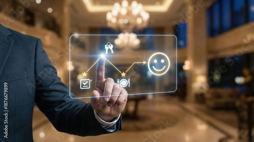 Hotel concierge pressing virtual interface with service icons,highlighting customer experience,star rating,satisfaction and hospitality management technology