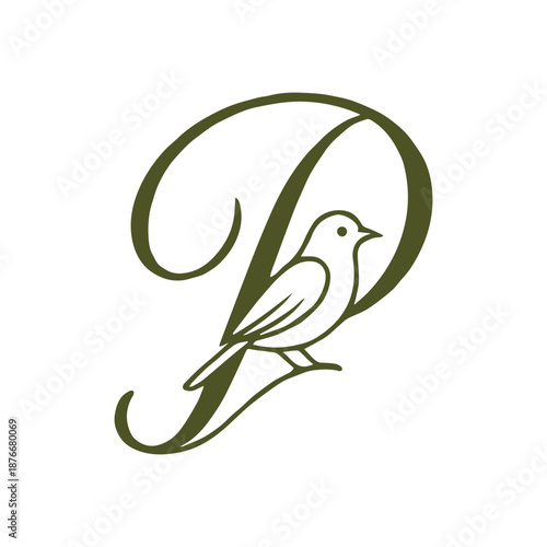 Elegant decorative letter P monogram with a small bird perched on its curve, suitable for branding and elegant designs