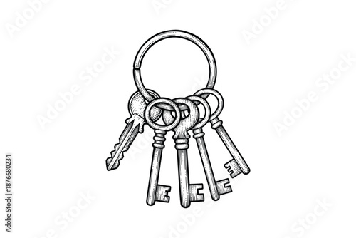 Bunch of vintage keys on a ring. Old keys with intricate designs for various locks and doors