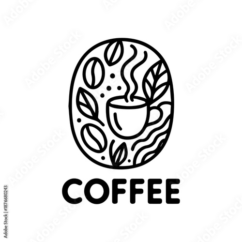 Stylized vector illustration of a coffee bean logo with a steaming cup, beans, and leaves in modern line art, ideal for cafe branding or beverage product identity