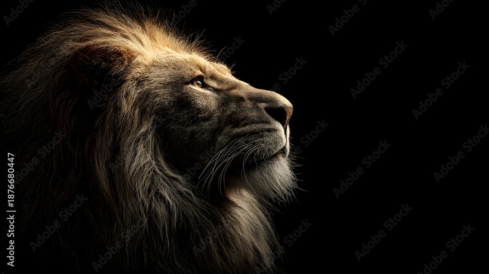 Naklejka premium Majestic Male Lion Side Profile with Dramatic Lighting Black Background