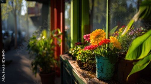 Colorful flower pot shop window sunlight urban street