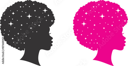 Afro Hair Woman Silhouette with Starry Galaxy Pattern Black and Pink Vector Illustration