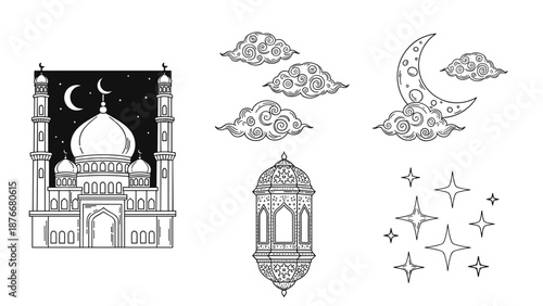 Intricate monochrome line art set showcasing a beautiful mosque, crescent moon, twinkling stars, and an ornate Arabic lantern, perfect for spiritual and cultural design projects