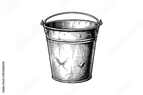 Engraved Illustration of a Metal Bucket with Handle, Realistic Sketch