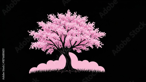 Pink cherry blossom tree on black background with clouds and grass