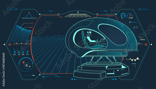 aviation technology or gaming tech, lined graphic of simulator with air control interface