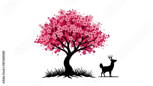 Deer stands under pink cherry blossom tree silhouette