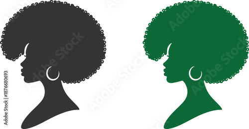 Afro Woman Silhouette Logo Vector in Black and Green, Natural Hair Beauty Icon