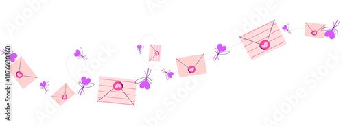 Romantic vector wave border with love letters, hearts and bows. Valentine's Day design for greeting cards, invitations, wedding layouts, banners, social media and web projects