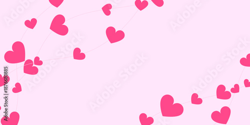Romantic wave border with flying hearts on soft pink background. Valentine's Day design for greeting cards, wedding invitations, banners, posters, social media and web layouts