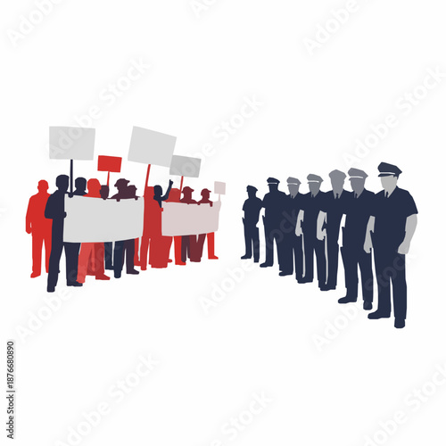 Crowd and police line vector illustration with flat civic demonstration and public order concept isolated on white