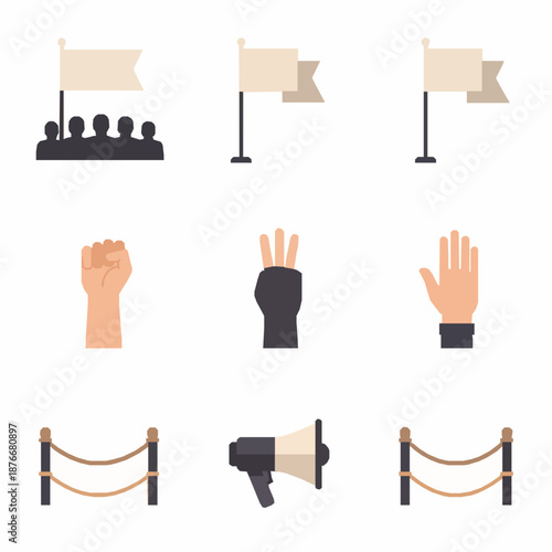 Protest and demonstration icon set vector illustration with flat civic engagement symbols isolated on white